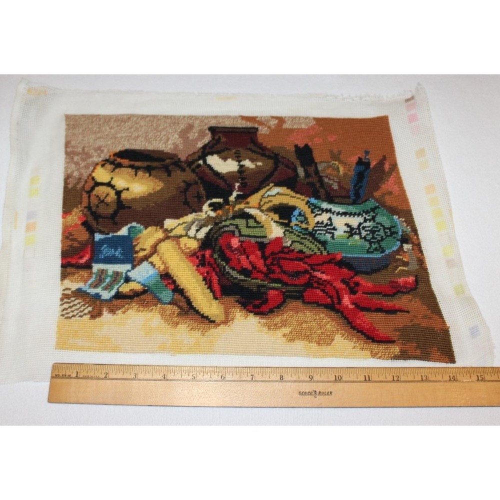 vintage completed needlepoint Sunset #6224 Native American Still Life 14"x11"
